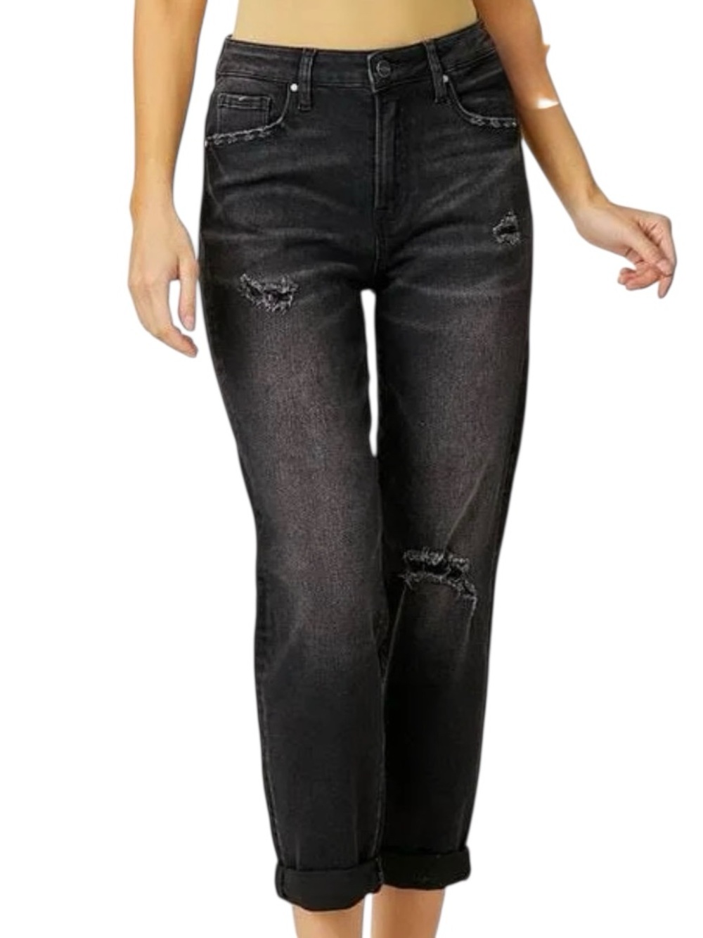 Risen Jeans Black Distressed Cuffed  Size 3/26 Style RDP5041
